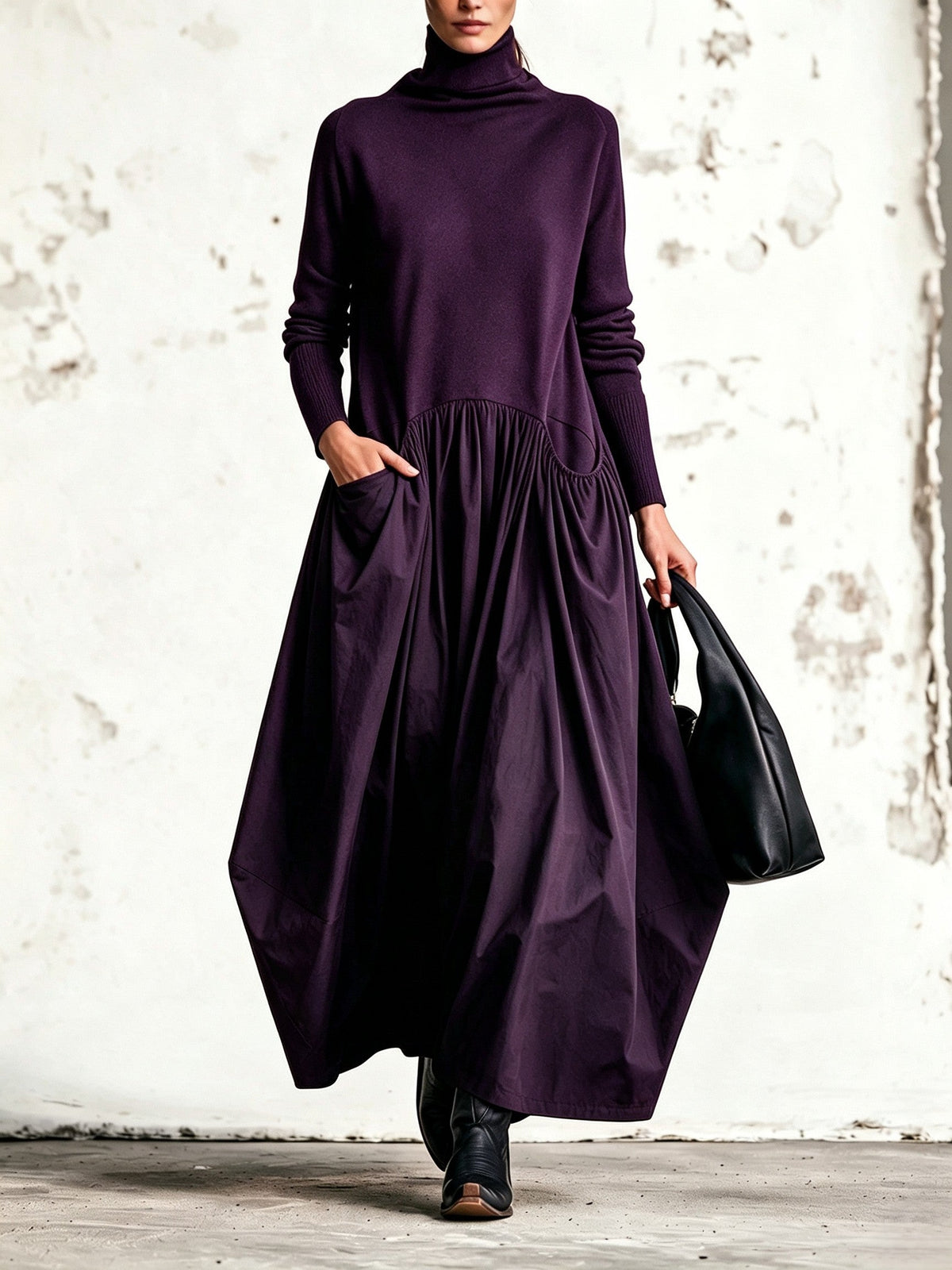Fiorenza | Abito Maxi Oversize Nero con Collo Alto e Dettaglio Tasche