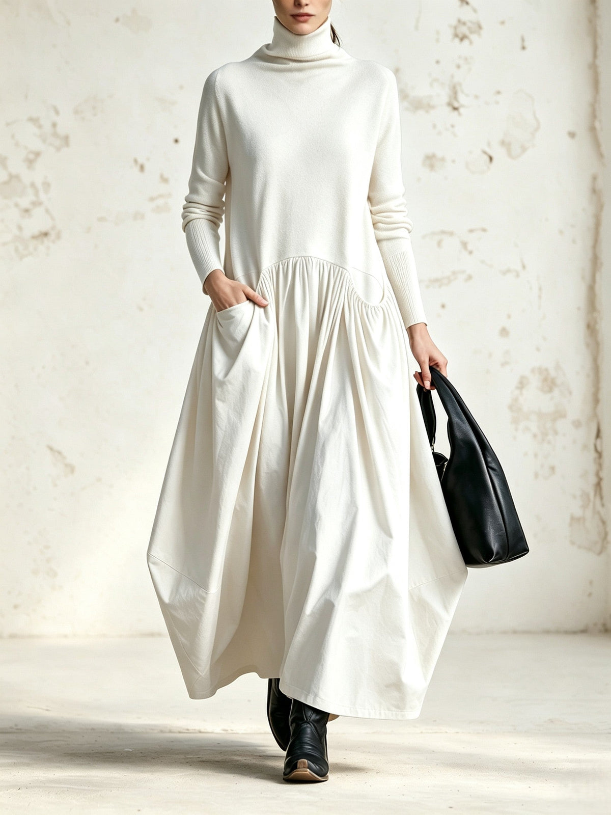 Fiorenza | Abito Maxi Oversize Nero con Collo Alto e Dettaglio Tasche