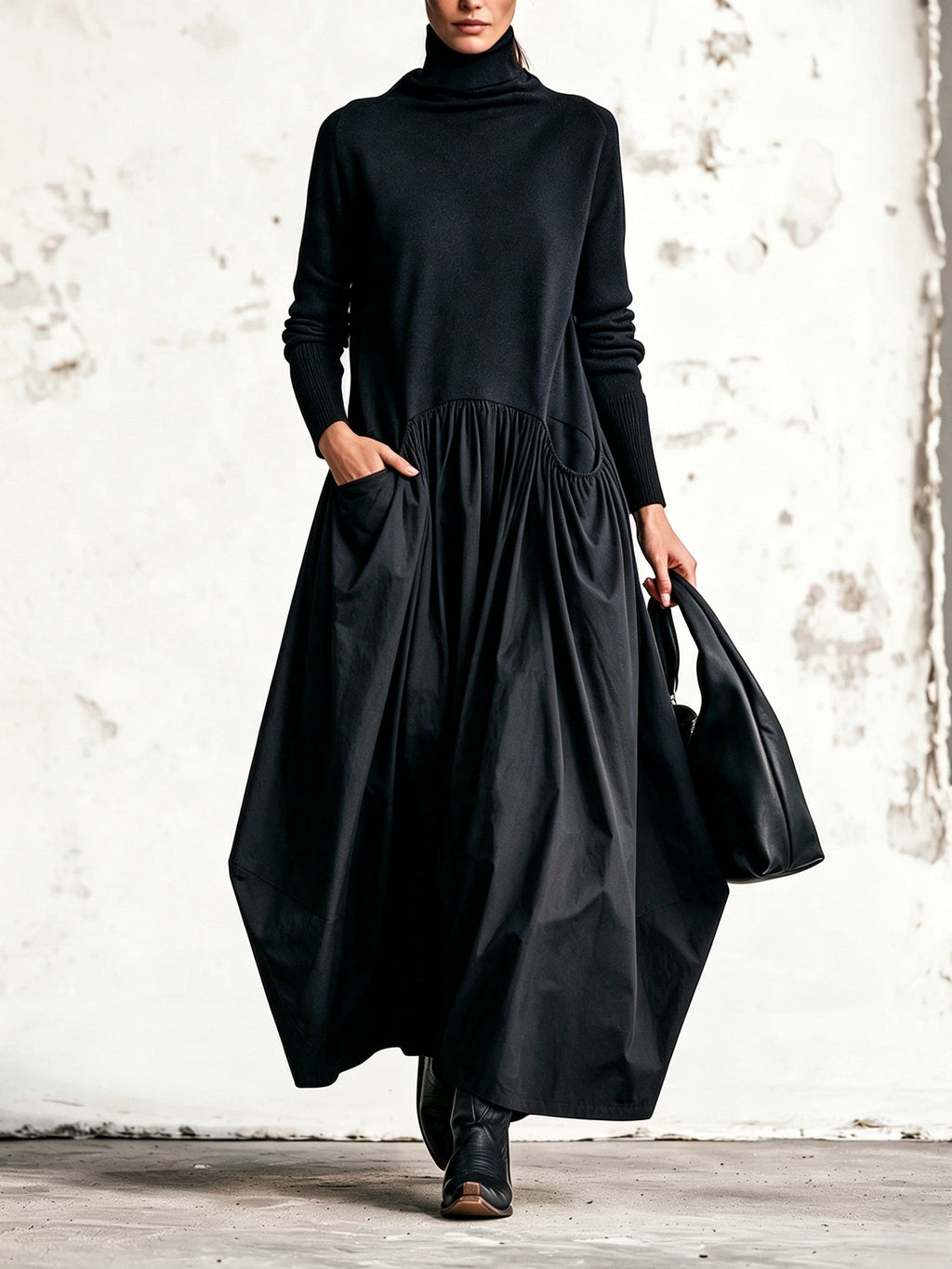Odette | Vestido maxi negro oversize con cuello alto