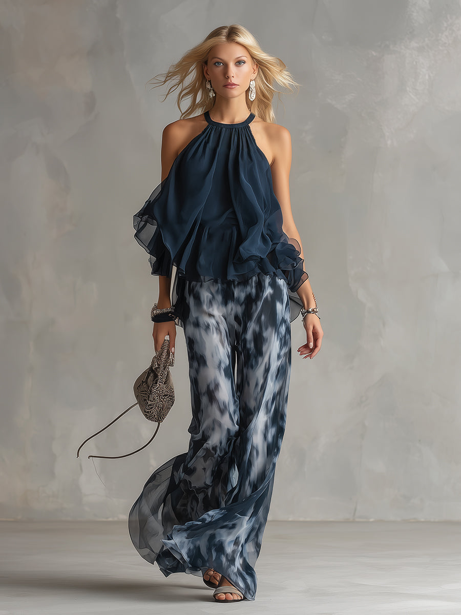 Chloé | Elegant Set with Navy Blue Halter Top and Printed Wide-Leg Pants