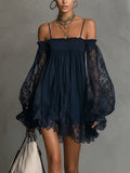 Noémie | Navy Blue Chiffon Mini Dress with Off-the-Shoulder Styling and Lace Trim