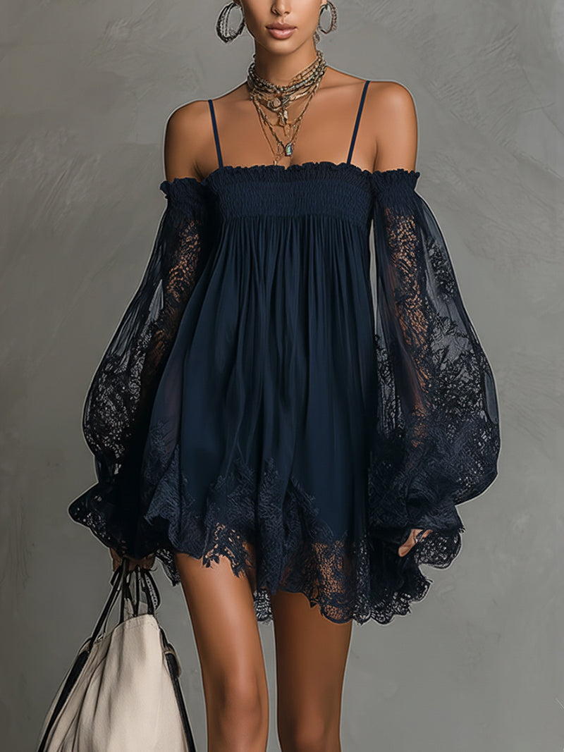 Noémie | Navy Blue Chiffon Mini Dress with Off-the-Shoulder Styling and Lace Trim