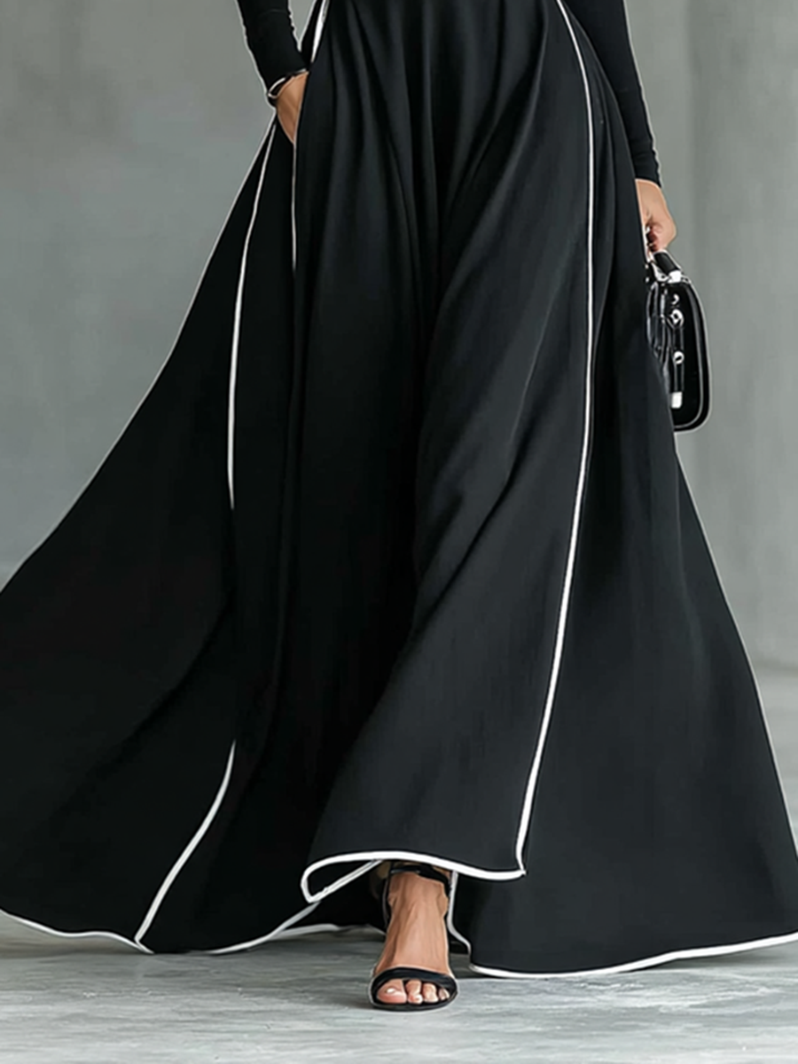 Nicoletta | Abito Maxi Donna Nero con Cuciture Bianche e Collo Alto, Maniche Lunghe, Vita Sottile