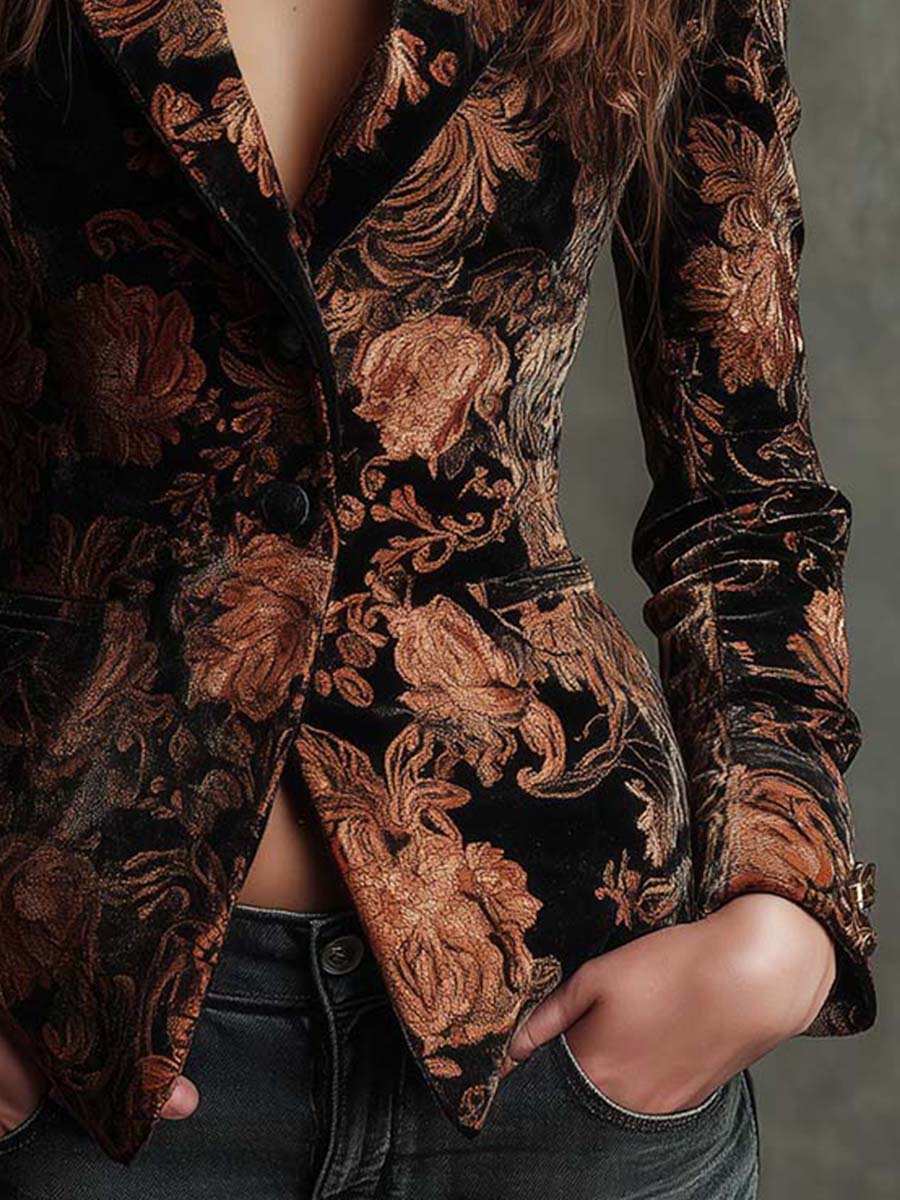 Gloria | Blazer Tailleur Stampato Floreale Nero e Bronzo