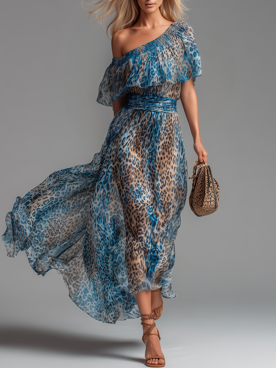 Sauvage | Leopard-Print Chiffon Maxi Dress with Off-the-Shoulder Neckline