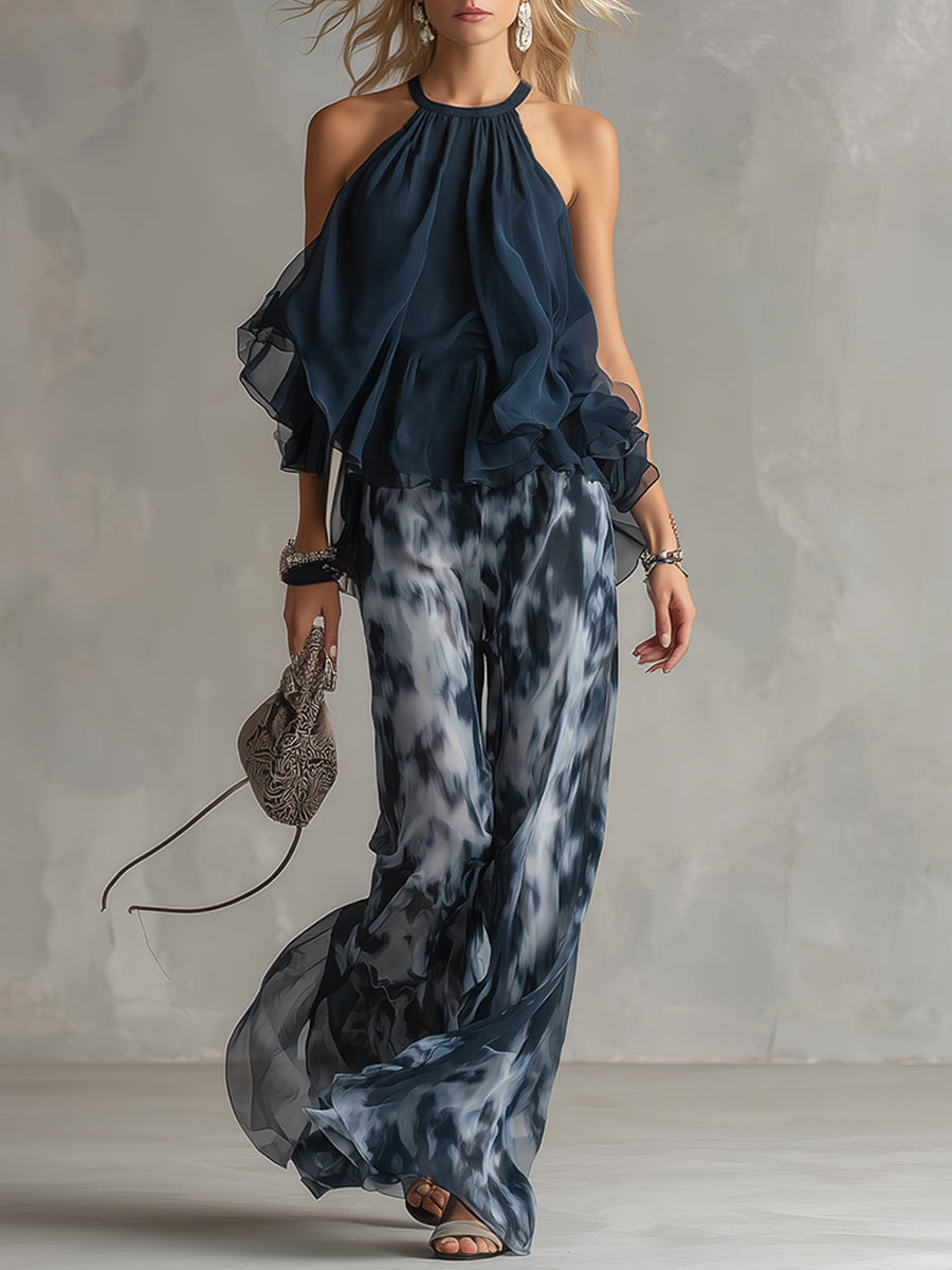 Chloé | Elegant Set with Navy Blue Halter Top and Printed Wide-Leg Pants