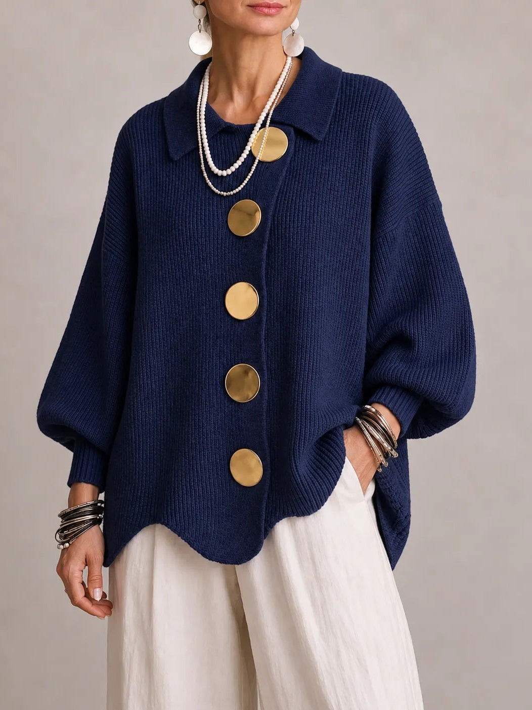Milena | Cardigan Oversize a Coste con Orlo Smerlato, Blu Navy