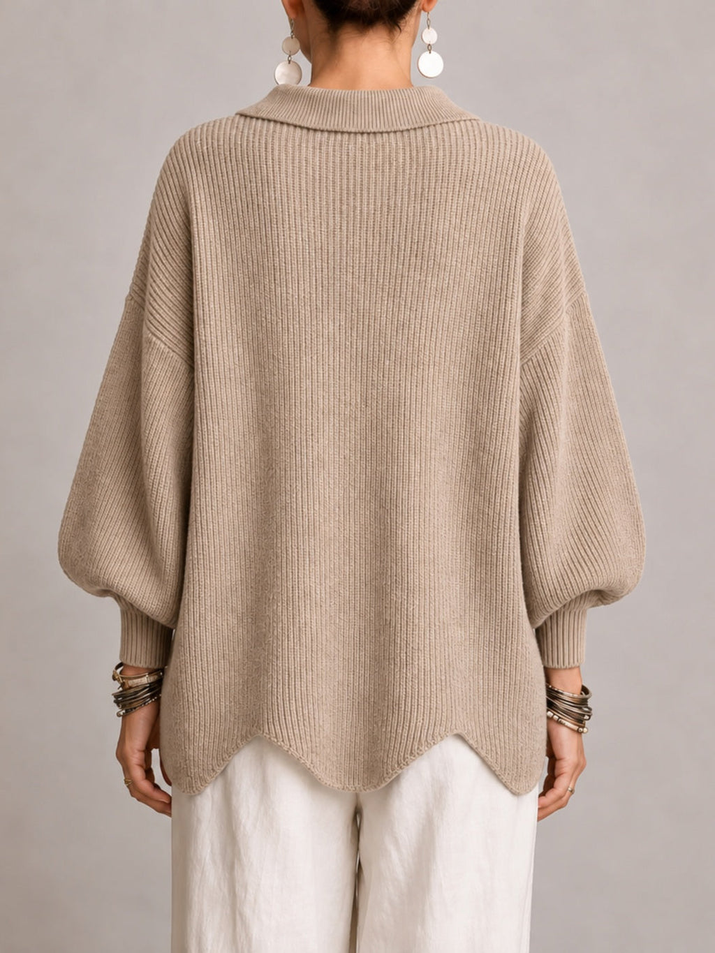 Iolanda | Cardigan Oversize a Coste con Orlo Smerlato, Beige Sabbia