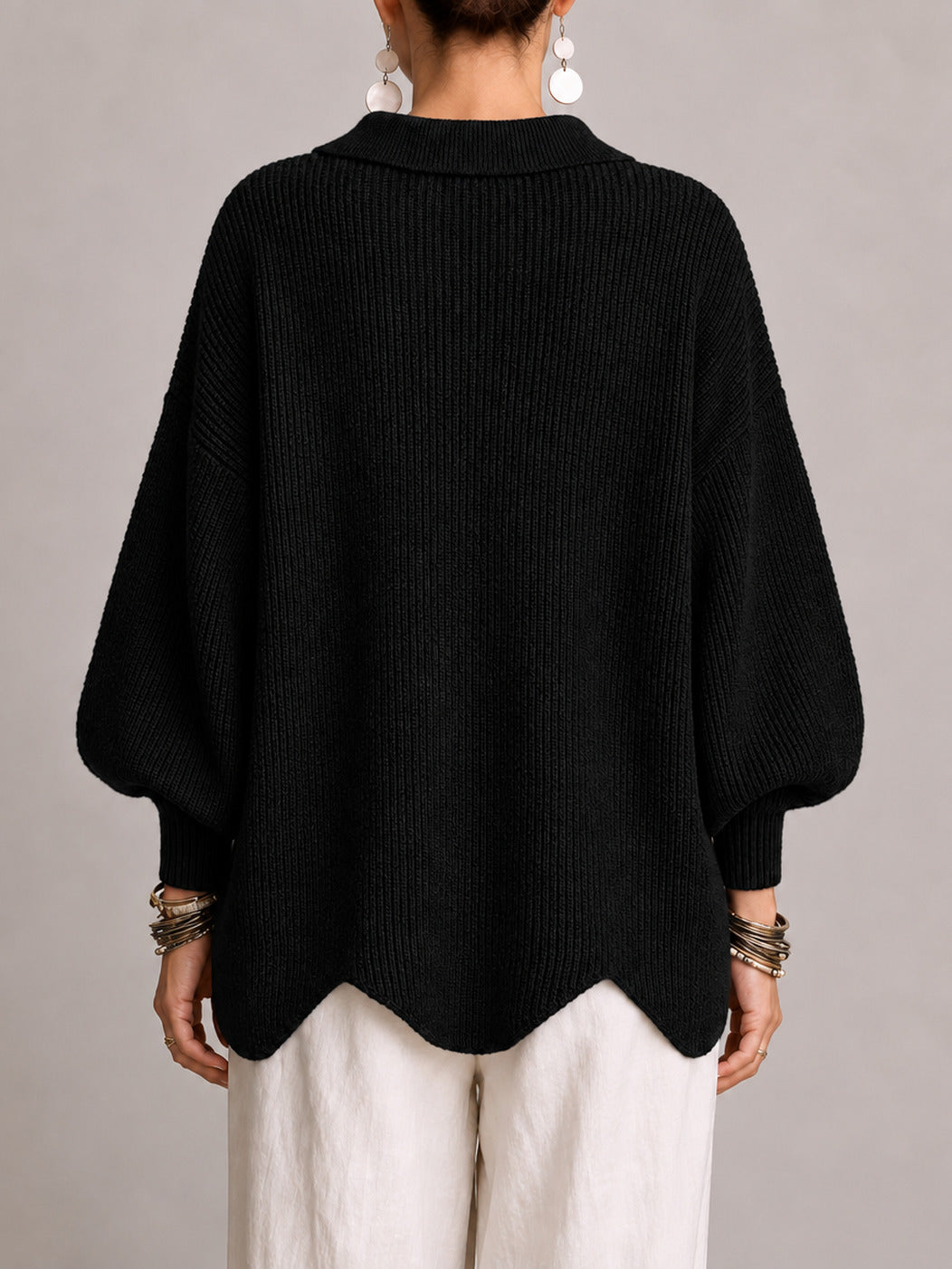 Maddalena | Cardigan Oversize a Coste con Orlo Smerlato, Nero