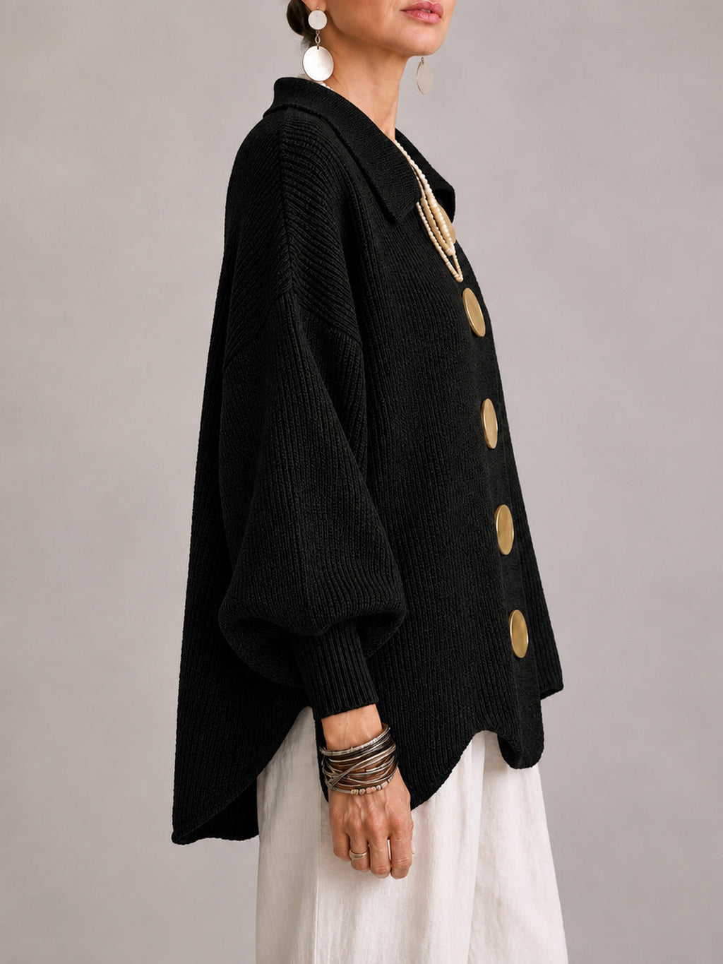 Maddalena | Cardigan Oversize a Coste con Orlo Smerlato, Nero