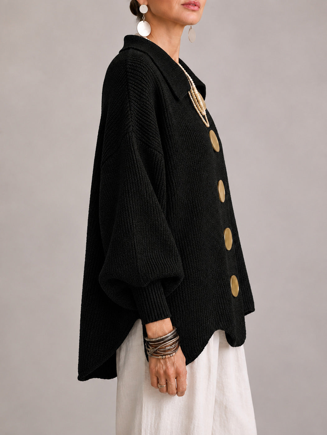Maddalena | Cardigan Oversize a Coste con Orlo Smerlato, Nero
