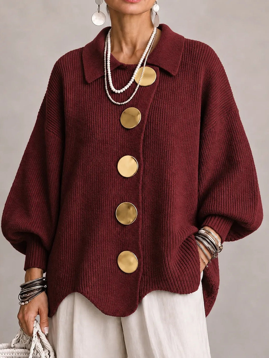 Loredana | Oversized Ribbed Cardigan with Scallop Hem, Bordeaux
