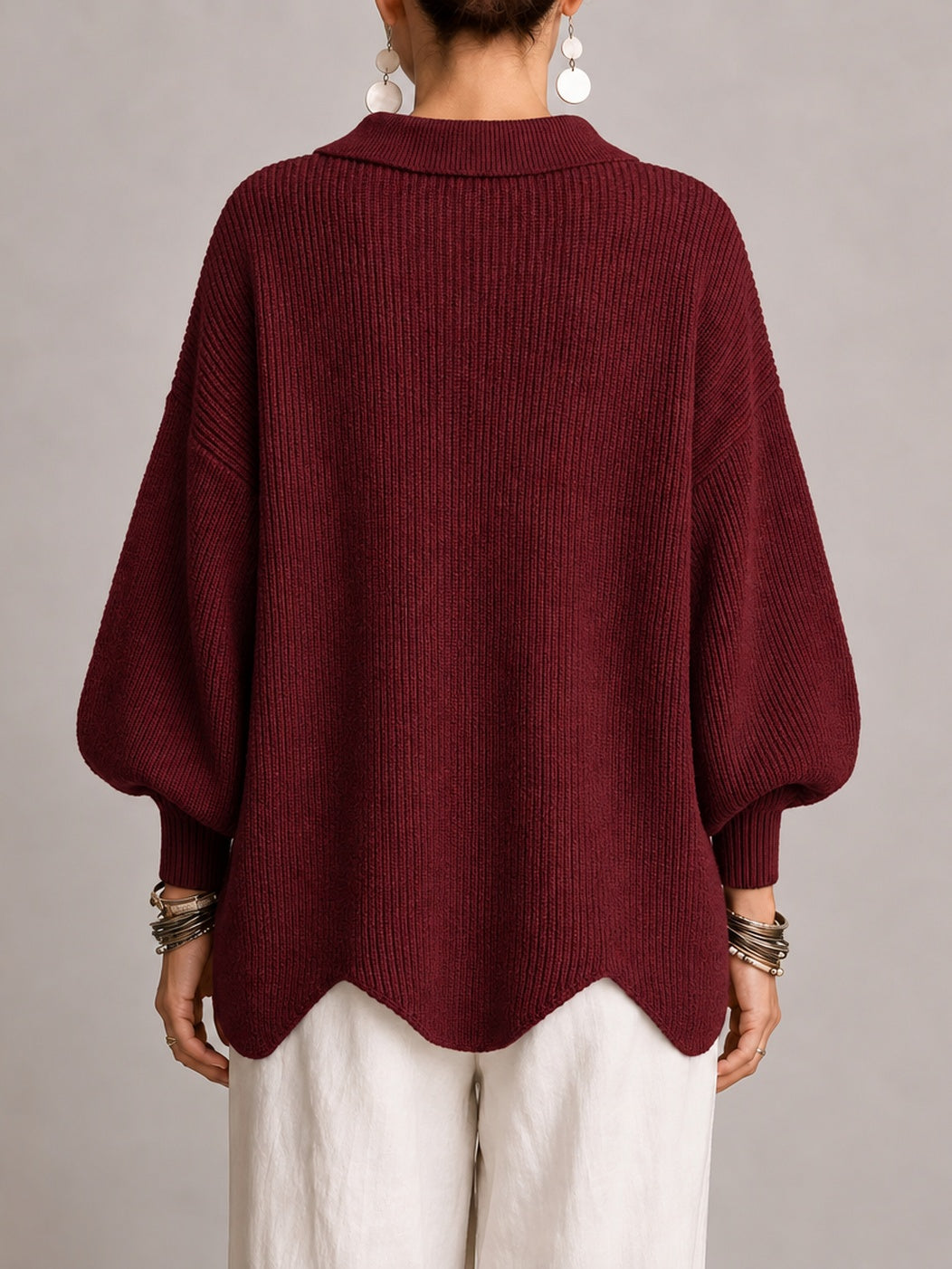 Loredana | Cardigan Oversize a Coste con Orlo Smerlato, Bordeaux