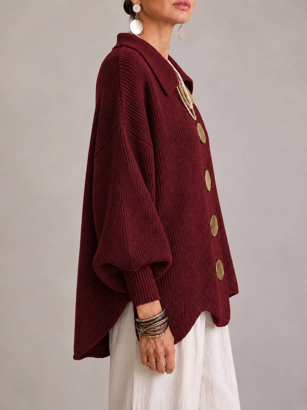 Loredana | Oversized Ribbed Cardigan with Scallop Hem, Bordeaux