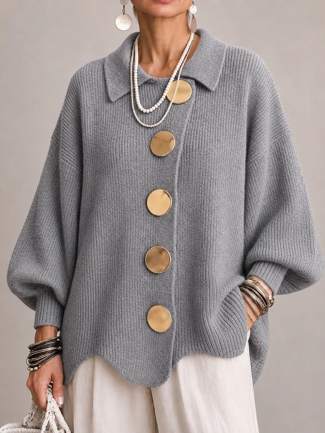 Rosanna | Cardigan Oversize a Coste con Orlo Smerlato, Grigio