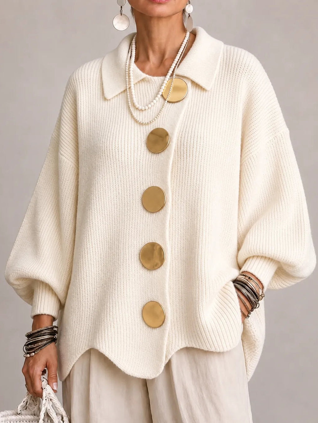 Gemma | Cardigan Oversize a Coste con Orlo Smerlato, Avorio