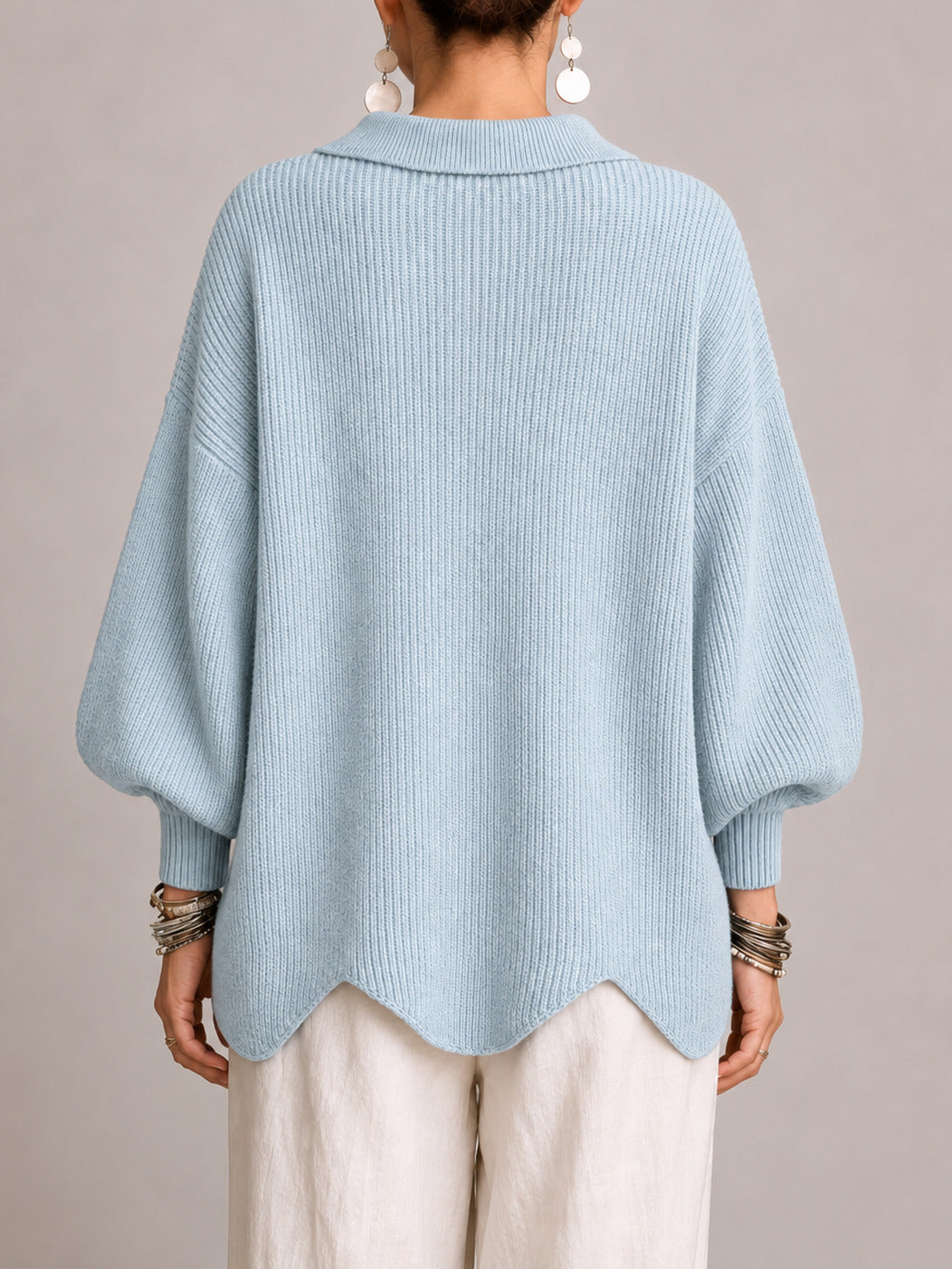 Oriana | Cardigan Oversize a Coste con Orlo Smerlato, Azzurro Polvere