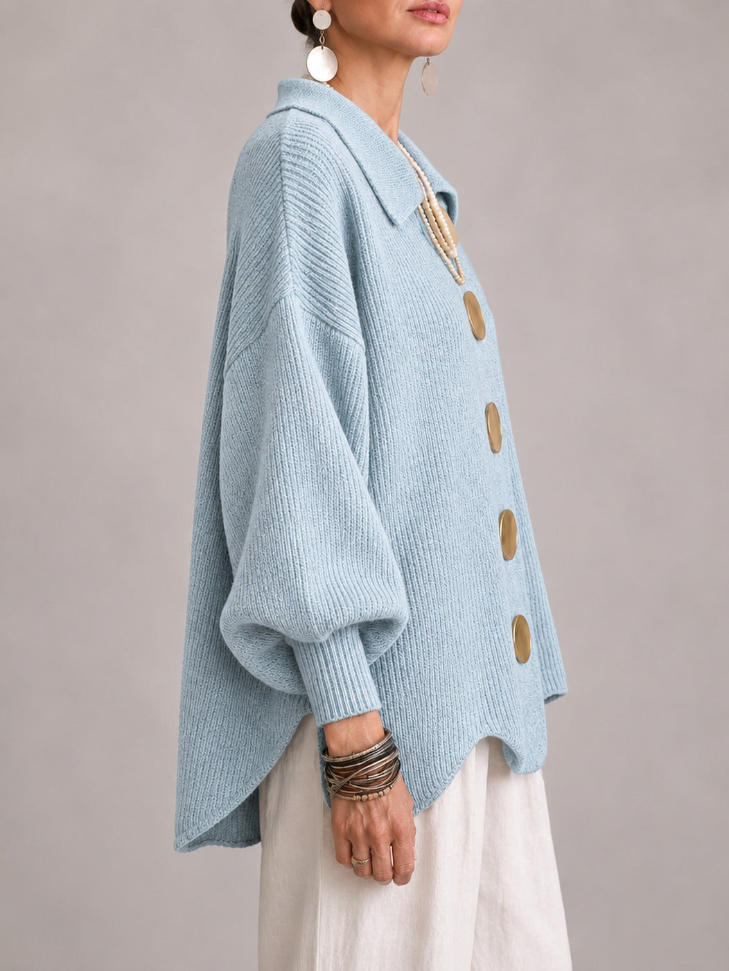 Oriana | Cardigan Oversize a Coste con Orlo Smerlato, Azzurro Polvere