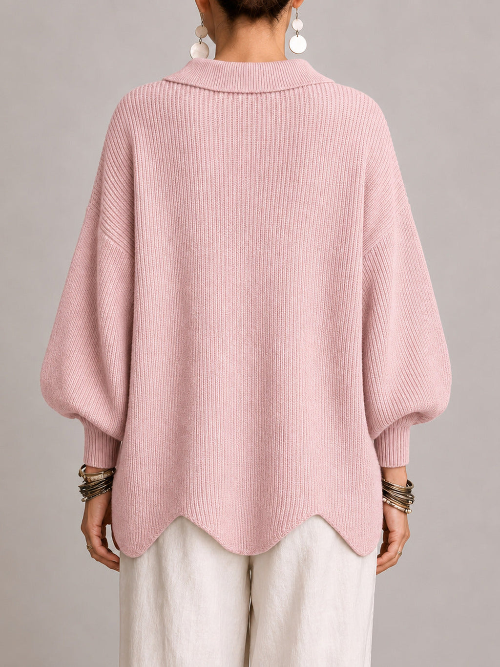 Clelia | Cardigan Oversize a Coste con Orlo Smerlato, Rosa Cipria