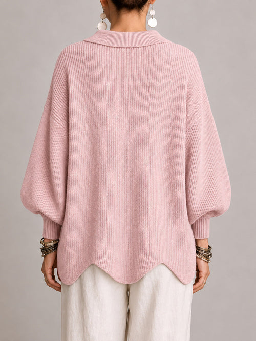 Clelia | Oversized Ribbed Cardigan with Scallop Hem, Dusty Pink