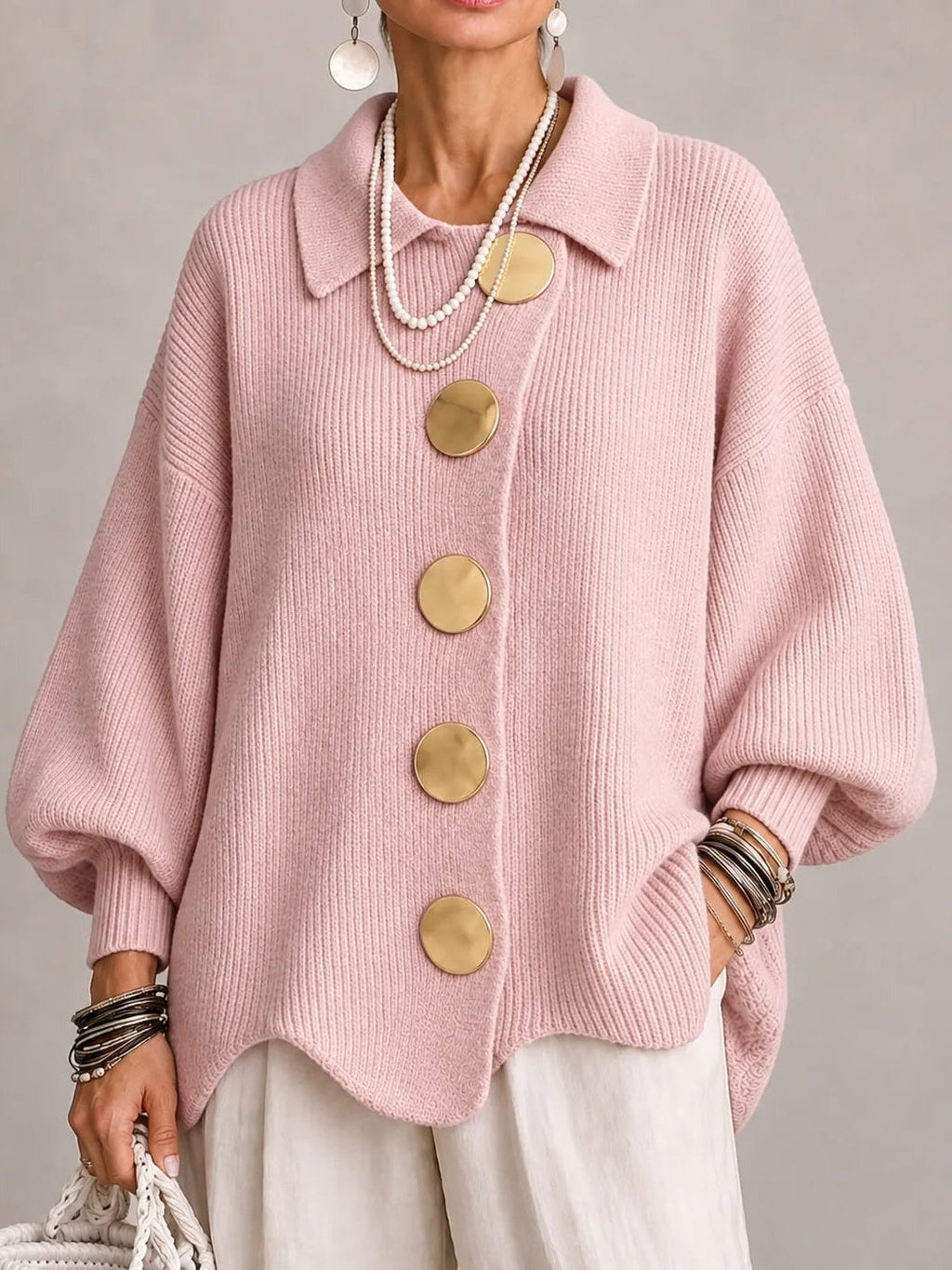 Clelia | Cardigan Oversize a Coste con Orlo Smerlato, Rosa Cipria