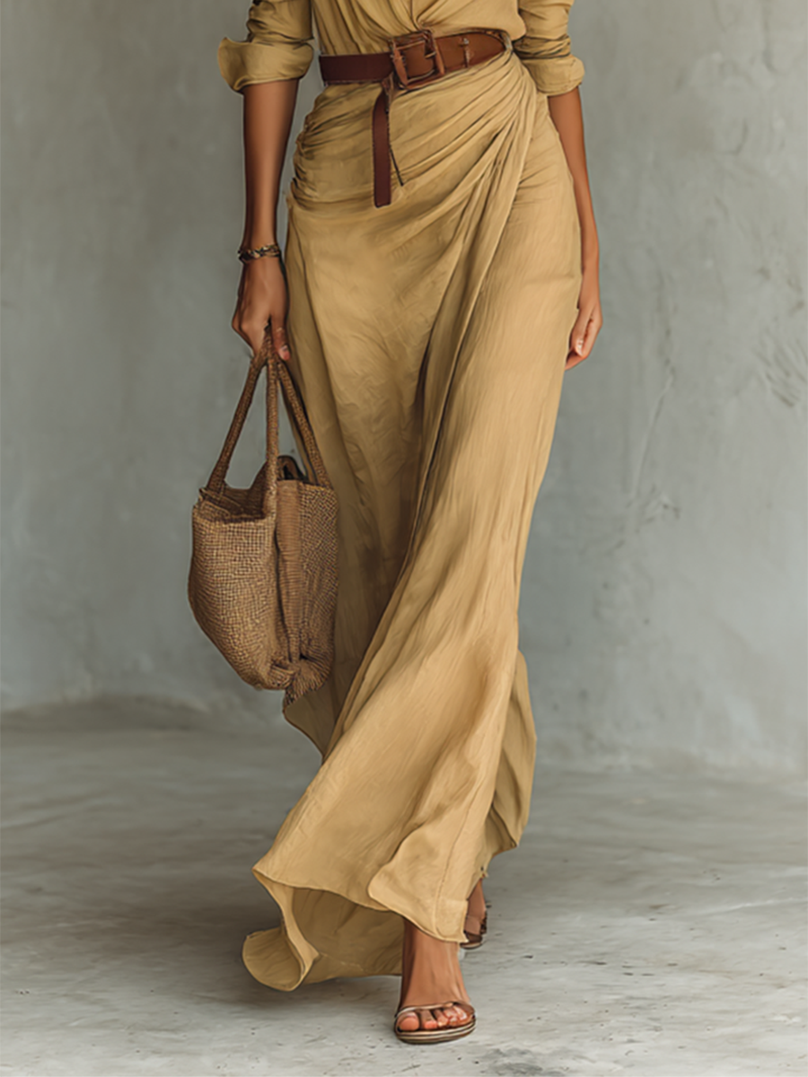 Women's Maxi Long Dress with Lapel Collar, Long Sleeves, Single-Button Closure