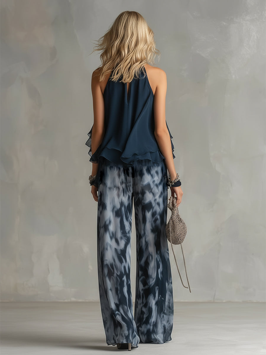 Chloé | Elegant Set with Navy Blue Halter Top and Printed Wide-Leg Pants