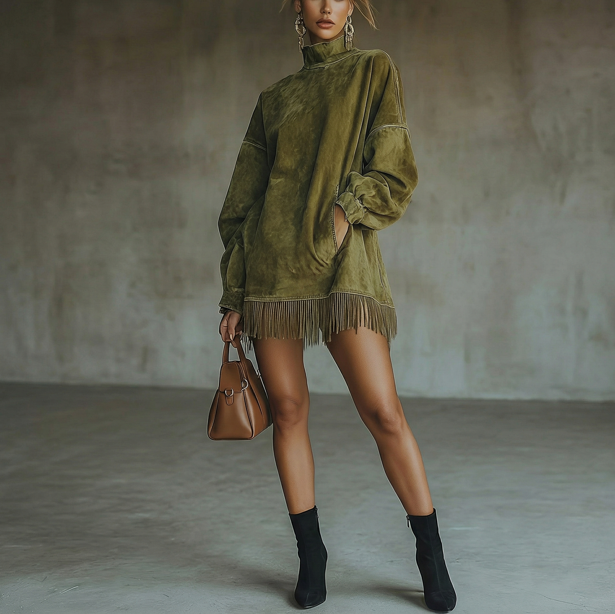 Dafne Mini Suede-Effect Dress with Fringes