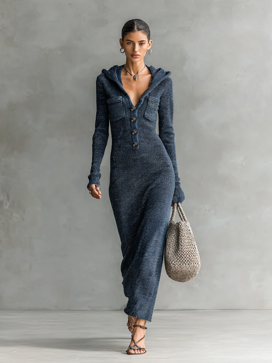 Abito Maxi in Maglia con Cappuccio e Taglio Aderente da Donna