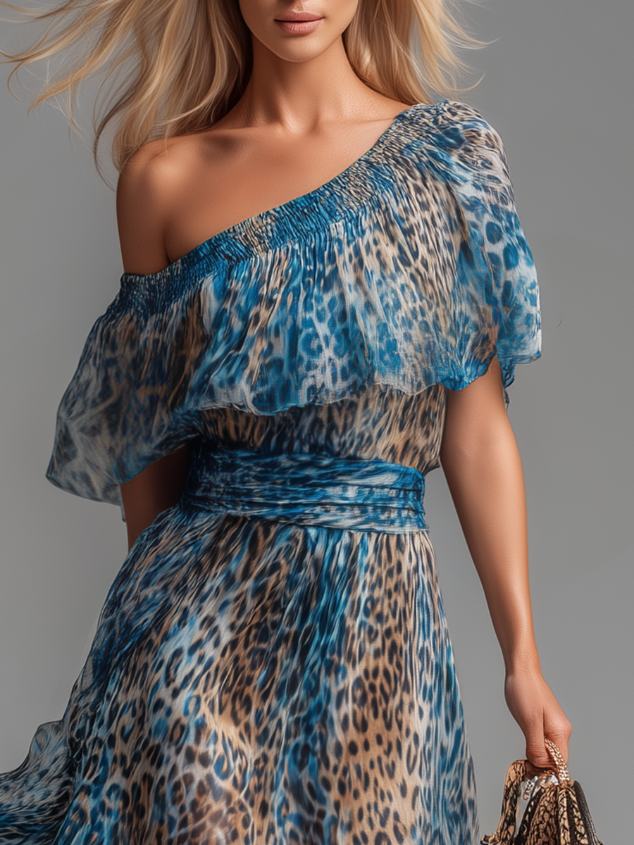 Sauvage | Leopard-Print Chiffon Maxi Dress with Off-the-Shoulder Neckline