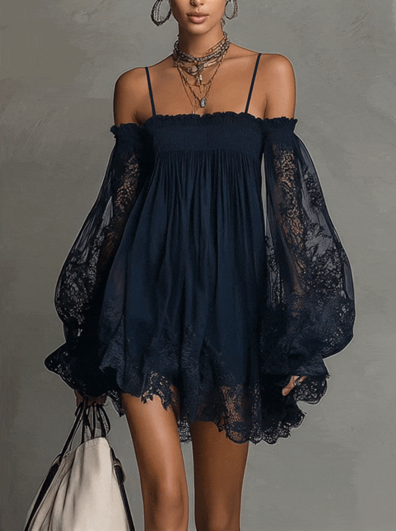 Noémie | Navy Blue Chiffon Mini Dress with Off-the-Shoulder Styling and Lace Trim