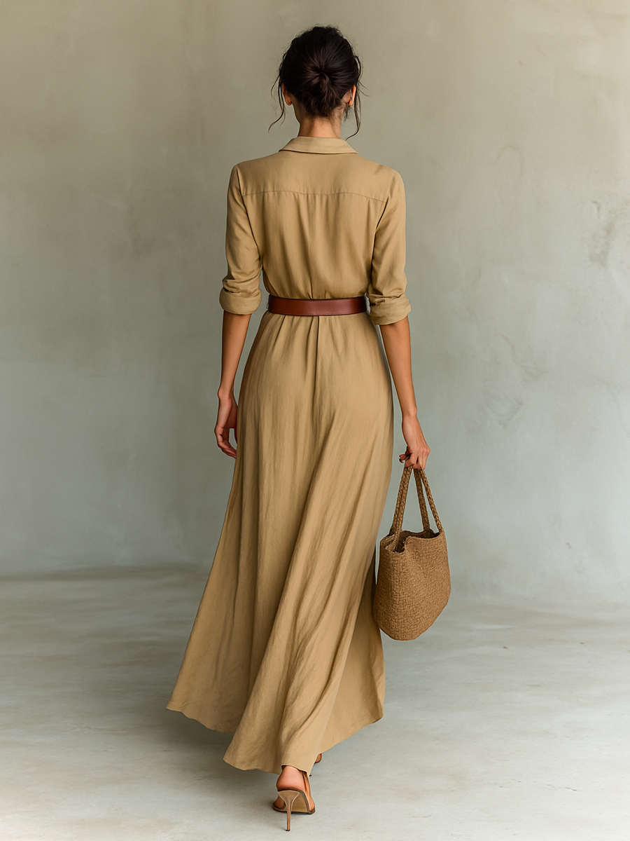 Women's Maxi Long Dress with Lapel Collar, Long Sleeves, Single-Button Closure