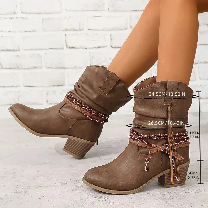 Hannah | Women's Block Heel Western Cowboy Ankle Boots with Tassel and Braided Accent