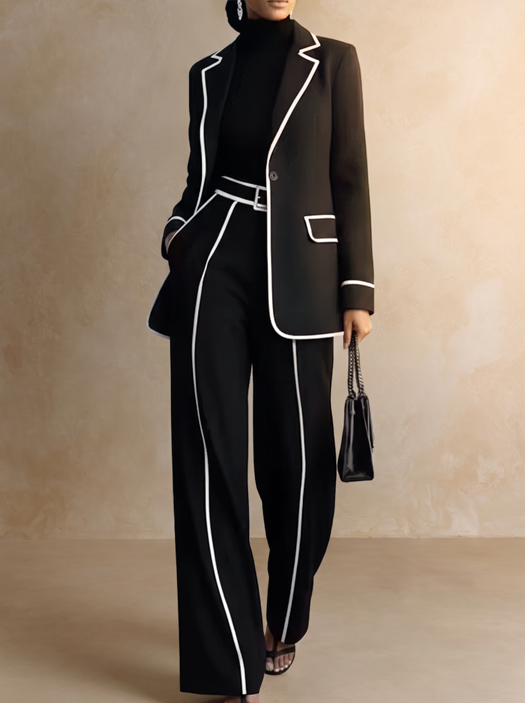 Claudia | Completo Due Pezzi Blazer con Piping a Contrasto Nero e Pantaloni a Gamba Larga