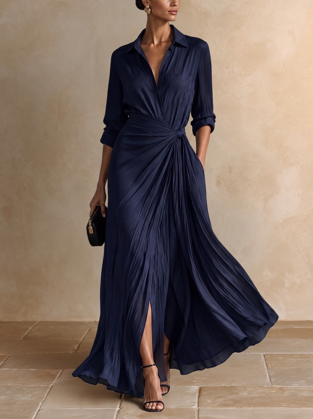Gabriella | Elegante Abito Camicia Maxi Blu Navy Annodato