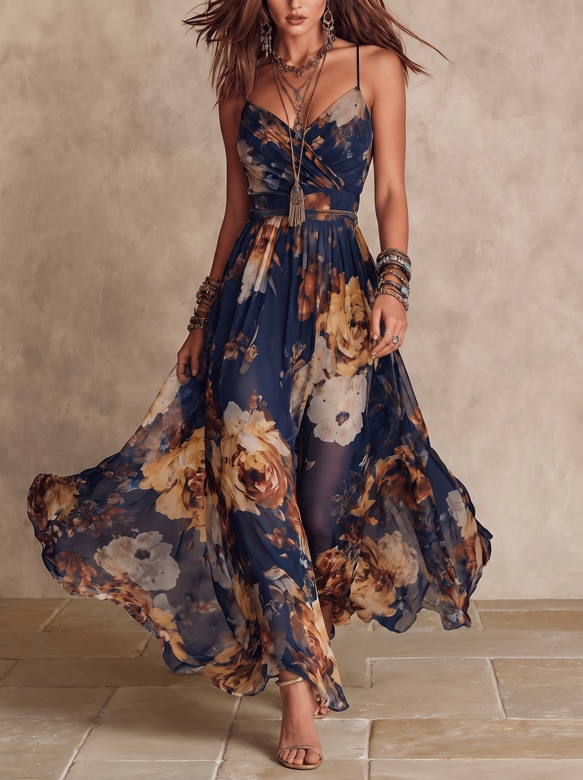 Adriana | Abito Maxi in Chiffon Blu Navy con Stampa Floreale e Spalline Sottile