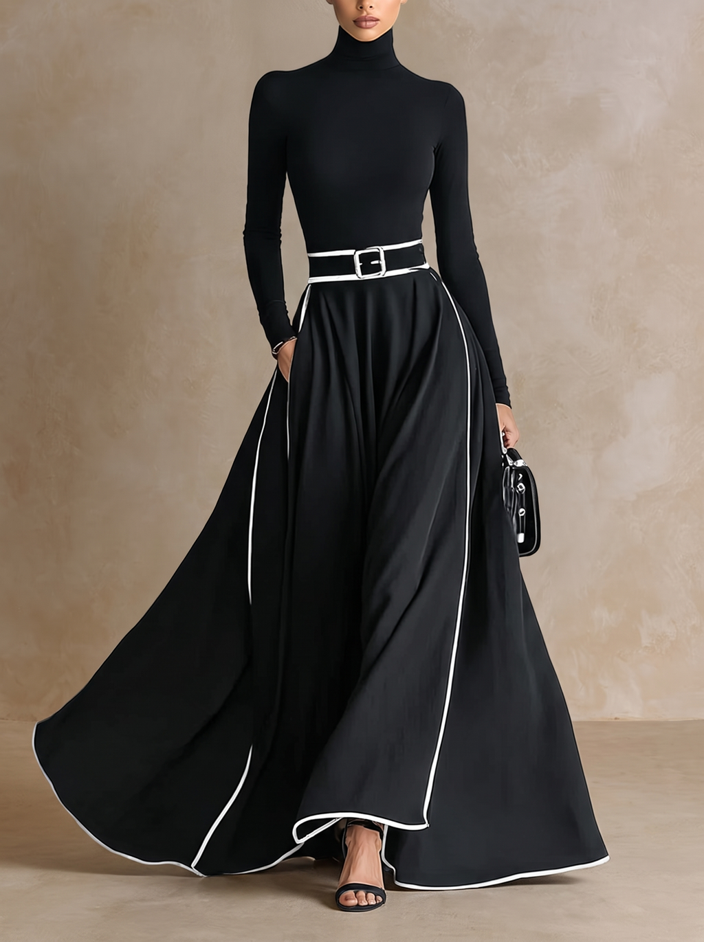 Nicoletta | Abito Maxi Donna Nero con Cuciture Bianche e Collo Alto, Maniche Lunghe, Vita Sottile