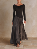 Marina | Abito Maxi Plissettato con Collo Drappeggiato Bicolore Nero e Grigio