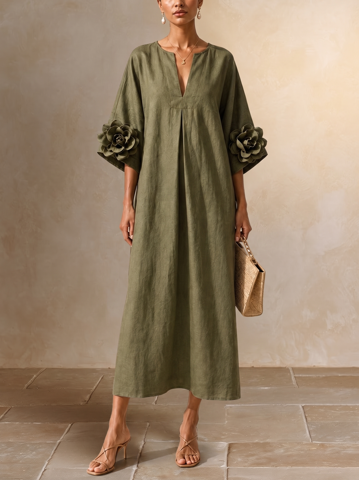 Graziella | Abito Midi Verde Oliva con Scollo a V e Maniche Floreali Stravaganti