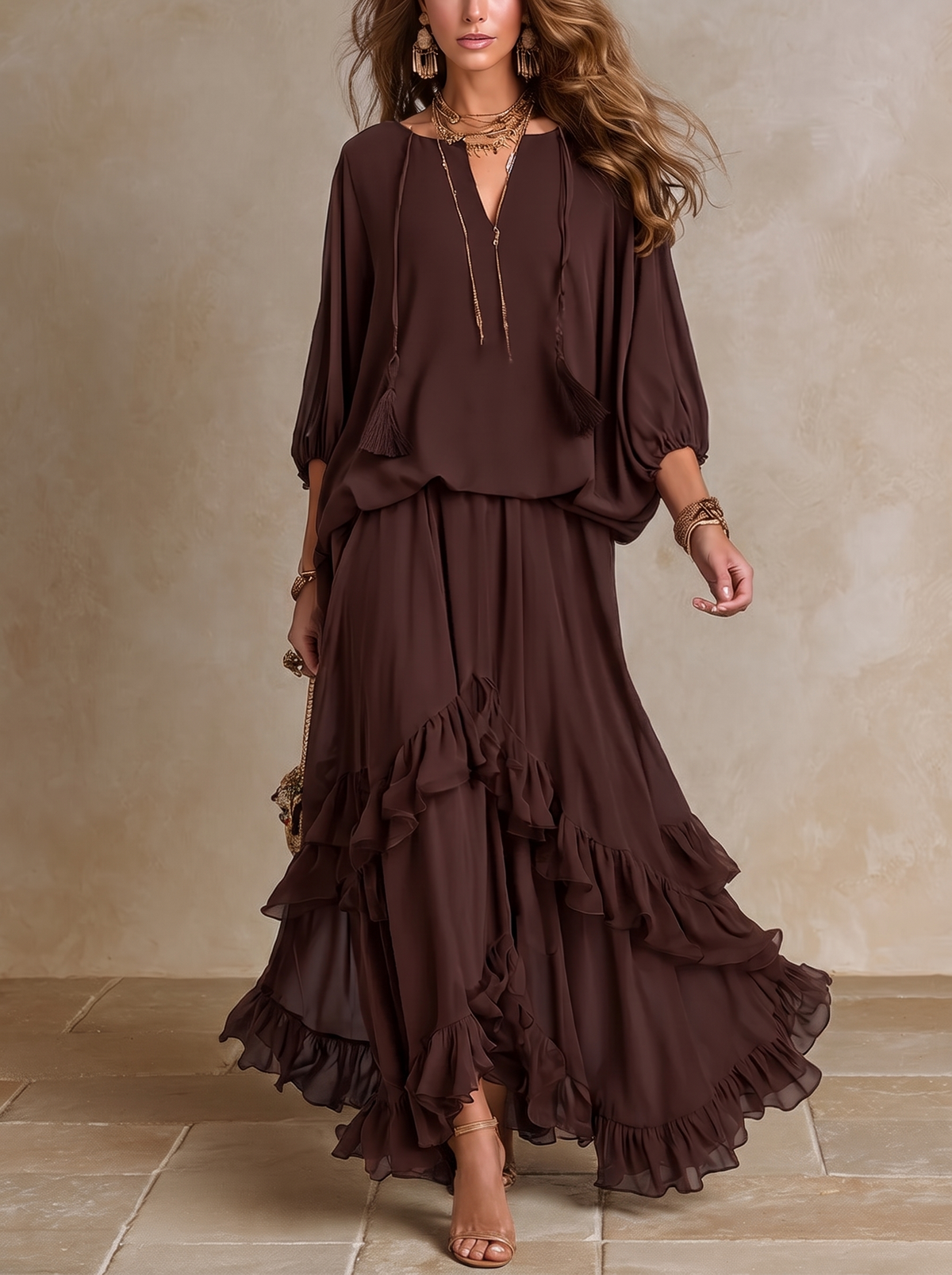 Manuela | Brown Chiffon V-Neck Fringe Top with Layered Ruffle Skirt Set
