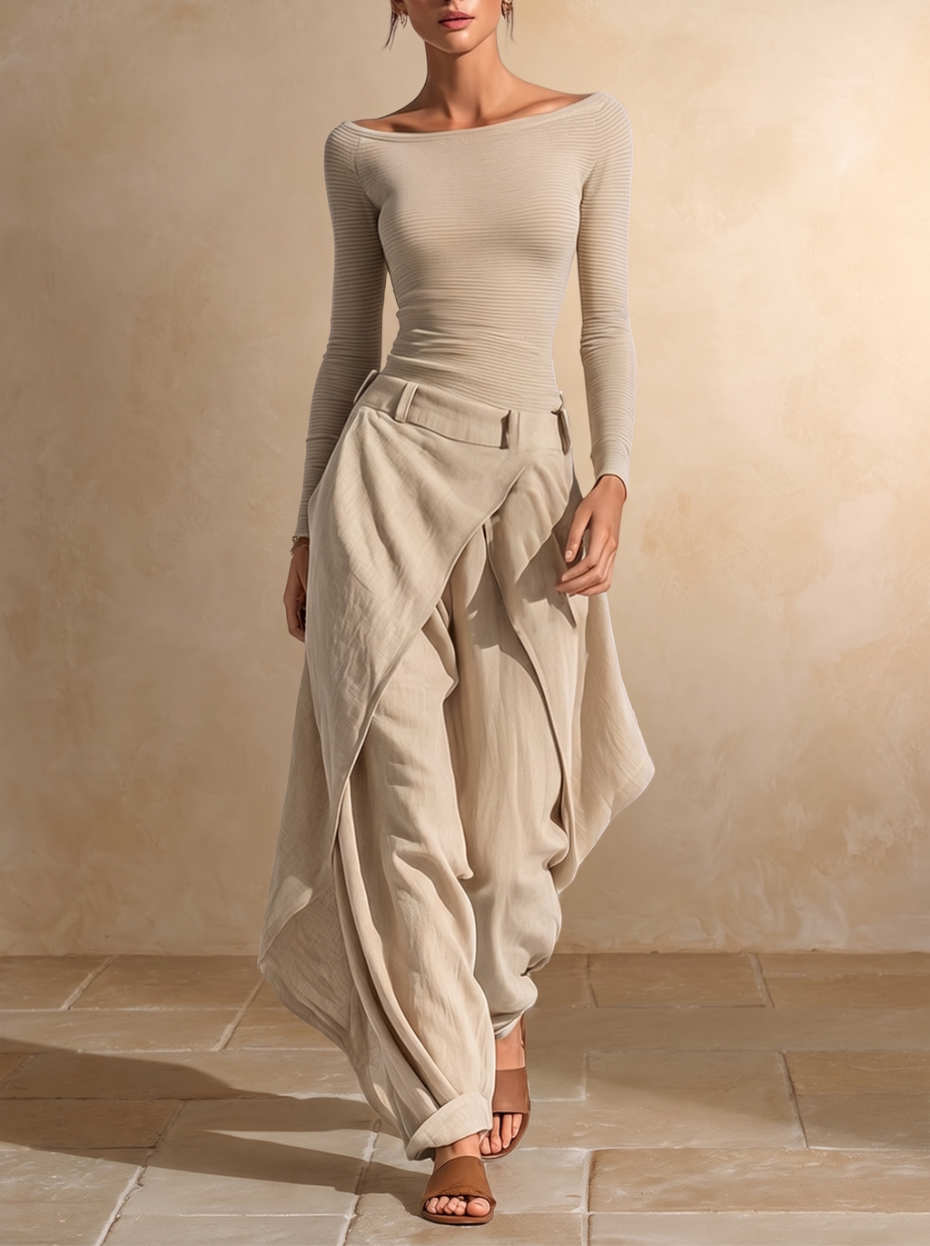 Giuliana | Beige Boat Neck Top and Wide-Leg Layered Trousers Set