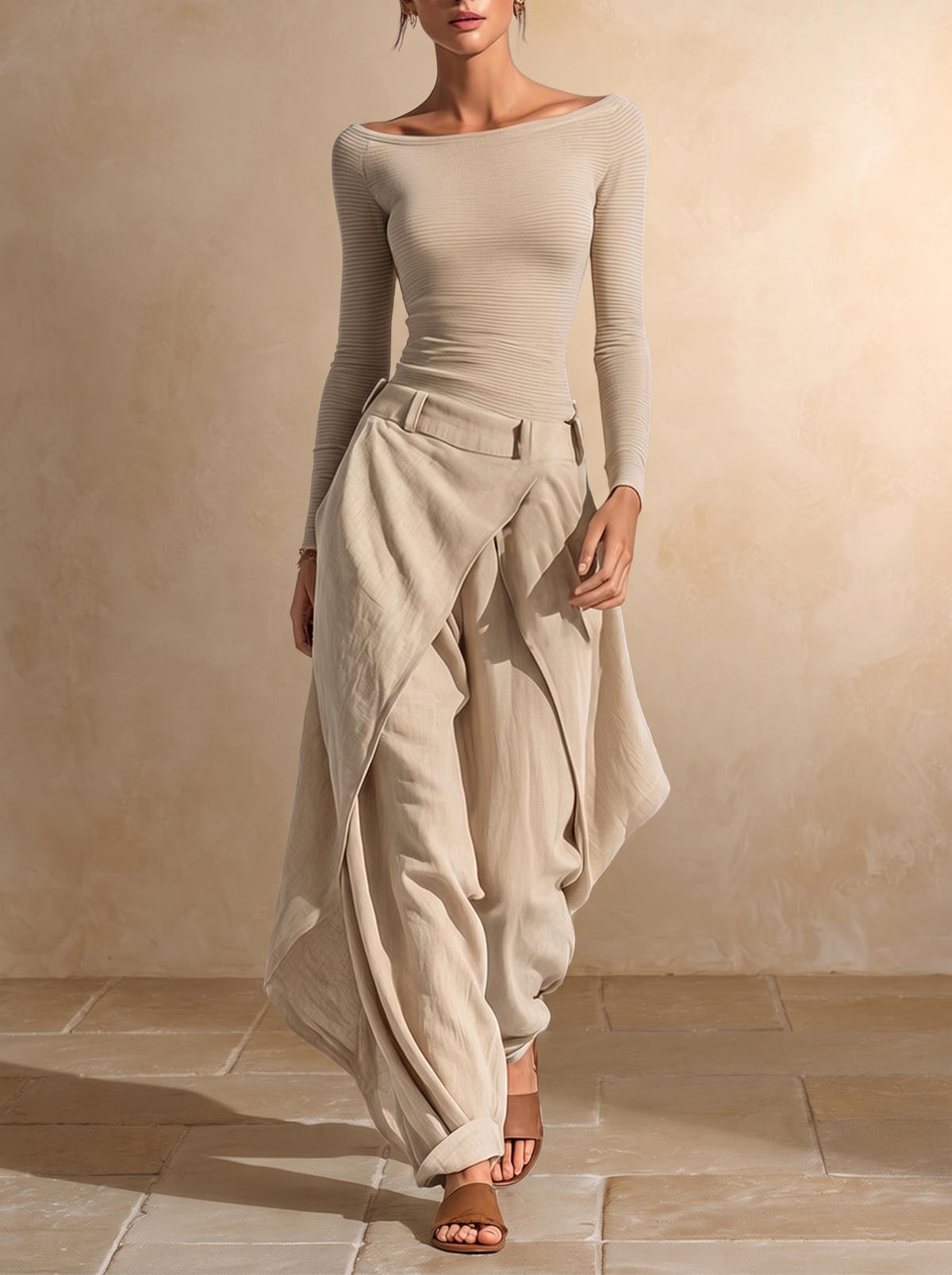 Giuliana | Beige Boat Neck Top and Wide-Leg Layered Trousers Set