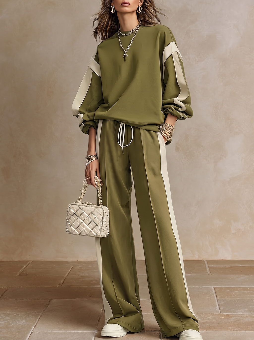 Sonia | Olive Green Crew Neck Sweatshirt and Wide-Leg Drawstring Trousers Casual Set