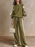 Sonia | Olive Green Crew Neck Sweatshirt and Wide-Leg Drawstring Trousers Casual Set