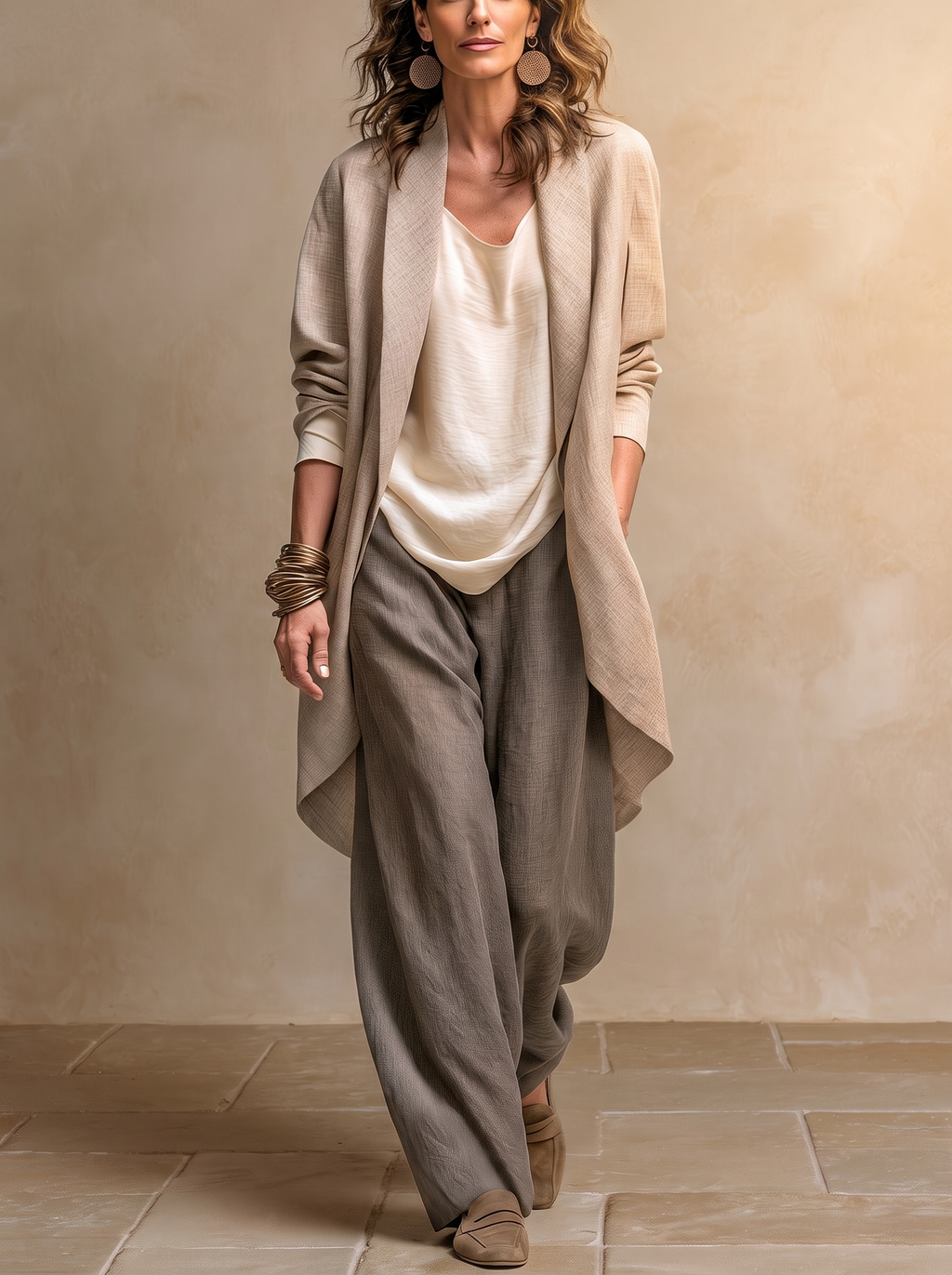 Costanza | Three-Piece Beige and Grey Casual Layered Set with Wide-Leg Palazzo Trousers, Elegant