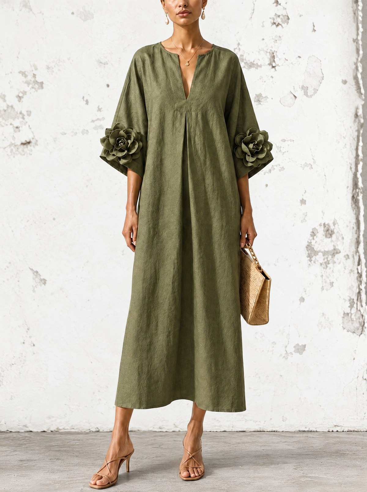 Graziella | Abito Midi Verde Oliva con Scollo a V e Maniche Floreali Stravaganti