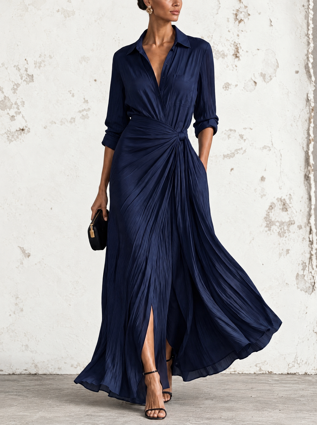 Gabriella | Elegante Abito Camicia Maxi Blu Navy Annodato
