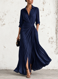Gabriella | Elegante Abito Camicia Maxi Blu Navy Annodato