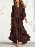 Manuela | Top in Chiffon Marrone con Frange e Scollo a V Abbinato a una Gonna a Strati con Volant