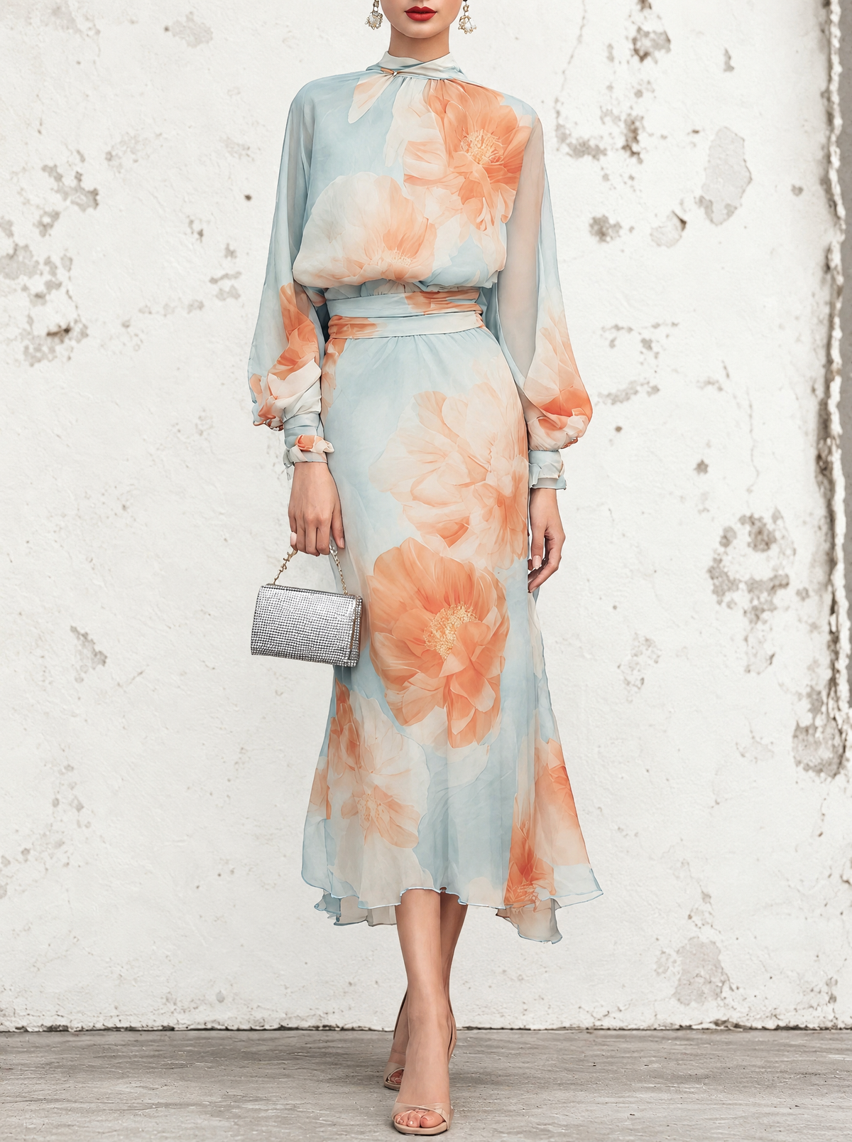 Emilia | Completo Due Pezzi Top con Collo Alto a Maniche Lunghe e Gonna Floreale Romantica